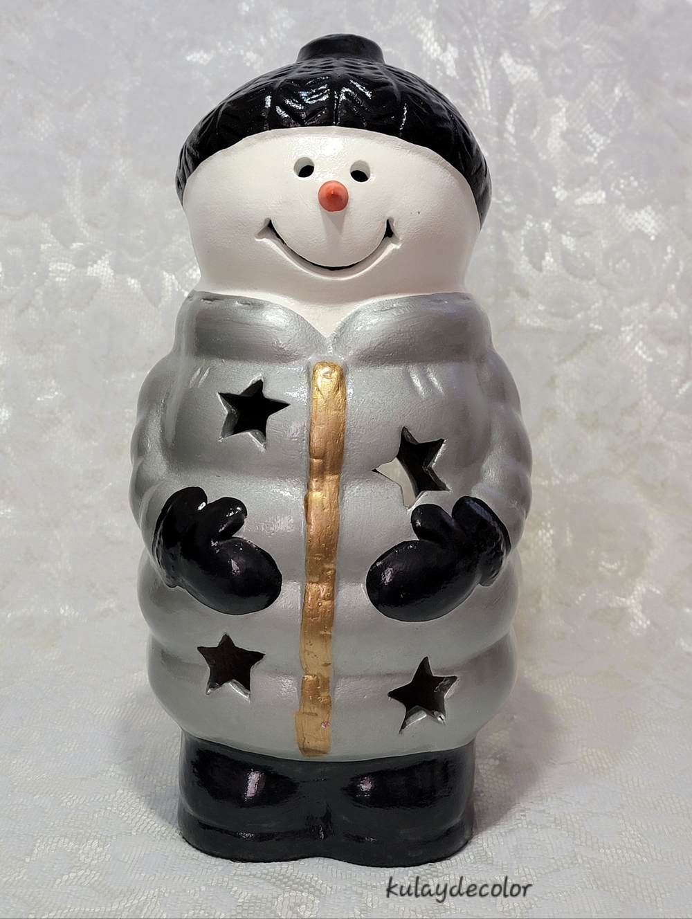 Large Handpainted Talavera Mexican Pottery Snowman Luminary 14.5” Candle Holder